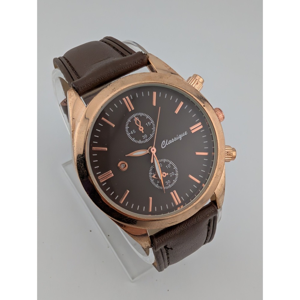 Classique Watch Women 40mm‎ Rose Gold Case Brown Faux Leater Band- New Battery